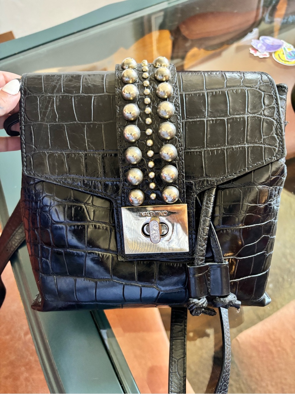 Rare vintage Valentino studded croc flap bag backpack